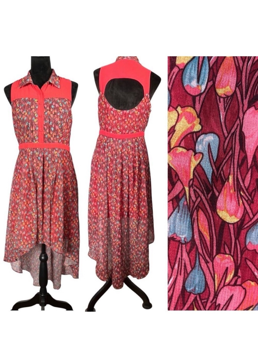 Minuet Fairycore Red Tulip Asymmetrical High-Low Dress Geometric Back Cutout Med